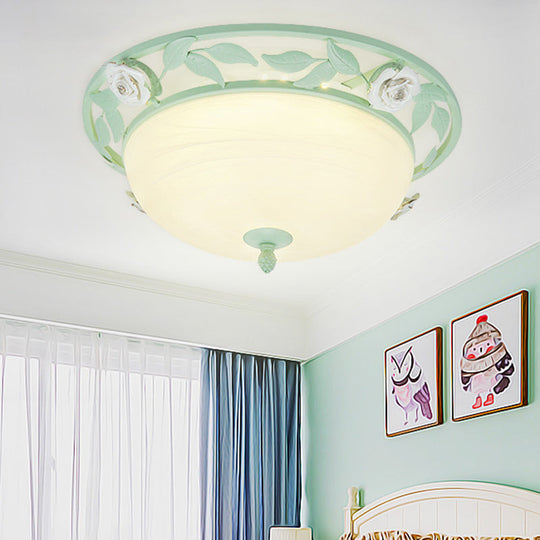 15"/19" Korean Flower Metal Bowl Ceiling Light - 1 Head Flush Mount Fixture in Pink/Blue/Green