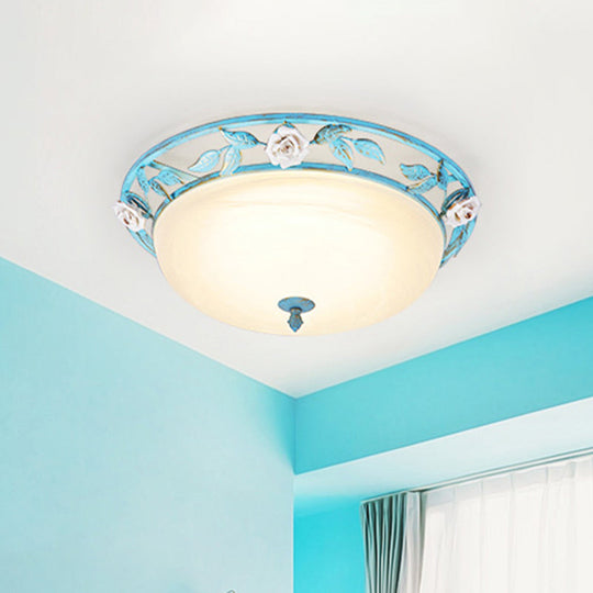 15"/19" Korean Flower Metal Bowl Ceiling Light - 1 Head Flush Mount Fixture in Pink/Blue/Green