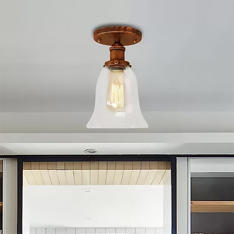 Industrial Flared Glass Semi Flush Mount Light with Clear Bulb in Black/Bronze/Copper