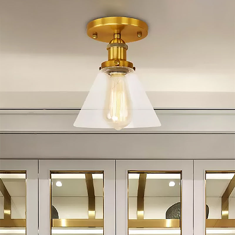 Industrial Clear Glass Ceiling Light in Black/Brass/Copper - Single Bulb Semi Flush Mount