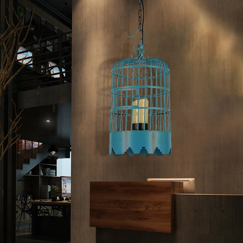 Industrial Metal Hanging Light Kit - Cylinder Shape Black/Blue Pendant Lighting For Dining Room Blue