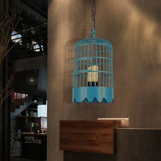 Industrial Metal Hanging Light Kit - Cylinder Shape Black/Blue Pendant Lighting For Dining Room Blue