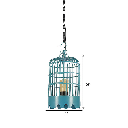 Industrial Metal Hanging Light Kit - Cylinder Shape Black/Blue Pendant Lighting For Dining Room