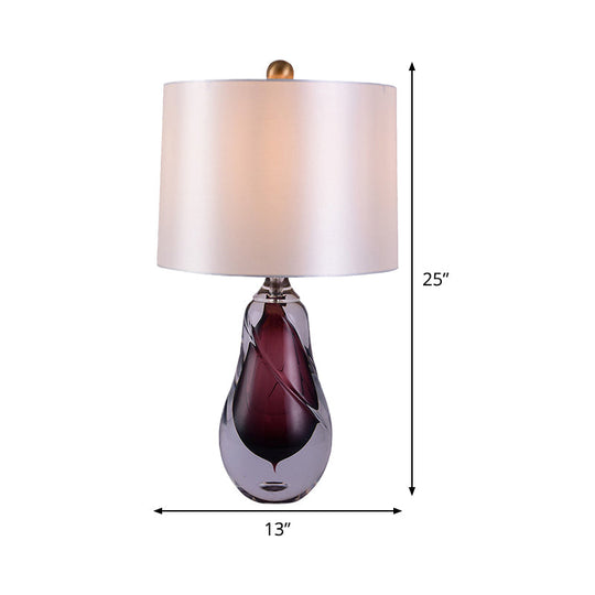 Contemporary White Drum Table Light With Teardrop Red Crystal Base - Small Desk Lamp