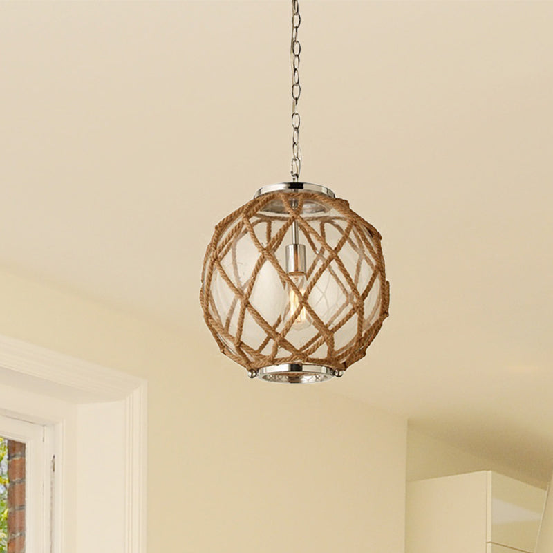 Lampe globe suspendue vintage en verre transparent avec détail de corde beige tissée à la main - Suspension à 1 tête pour éclairage de couloir