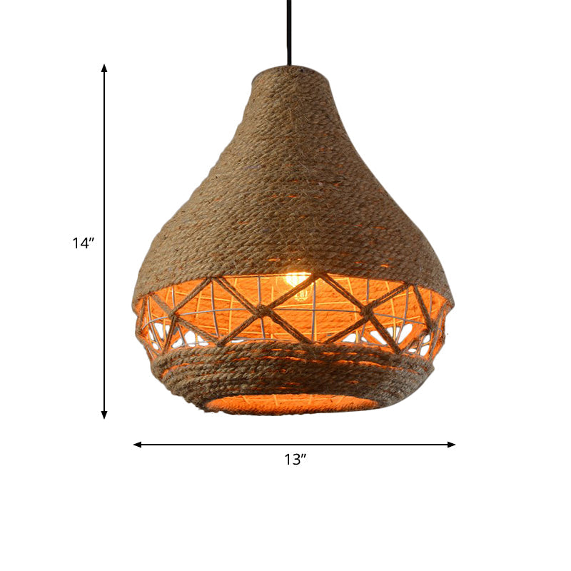 Lampe suspendue rustique en corde en forme de larme beige - Plafonnier à 1 ampoule pour restaurants