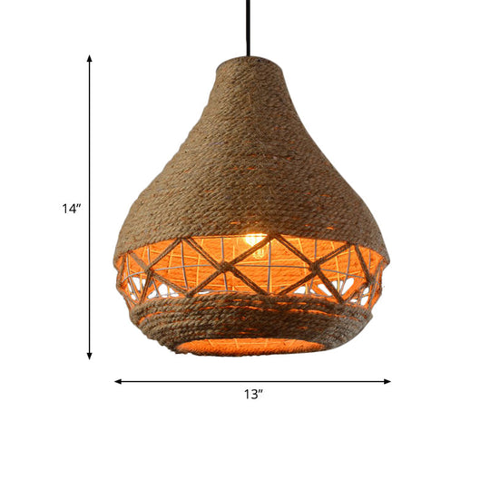 Lampe suspendue rustique en corde en forme de larme beige - Plafonnier à 1 ampoule pour restaurants