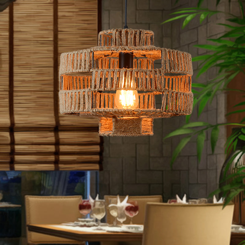 Plafonnier suspendu en corde beige vintage pour restaurants - Lampe à cadre tambour à 1 lumière