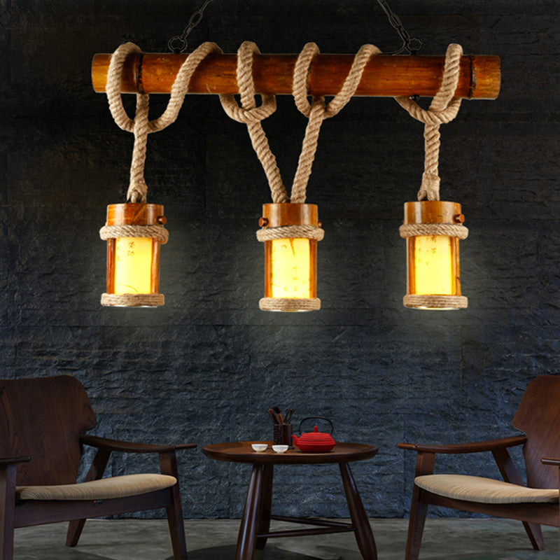 Vintage Wood Cylindrical Pendant Lamp - Bamboo Island Lighting with Rope Cord - Set of 3 Bulbs
