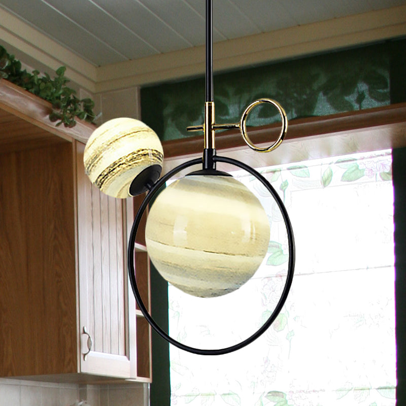 Contemporary Black Led Glass Pendant Light Fixture - 2 Lights For Living Room