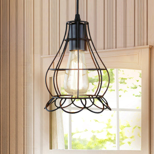Industrial Metal Pendant Lighting with Height Adjustable Flower Cage Shade - Perfect for Bedroom Ceilings