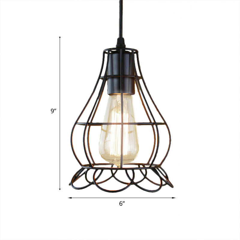 Metal Industrial Pendant Lighting With Flower Cage Shade - Height Adjustable Ceiling Fixture For