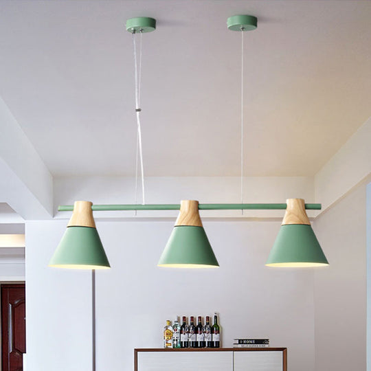 Modern Cone Dining Room Suspension Light With Linear Design - 3 Bulbs Pendant In Yellow/Blue/Green