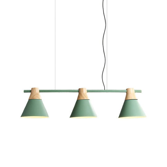 Modern Iron Cone Suspension Light with 3 Bulbs in Yellow/Blue/Green - Linear Design for Dining Room