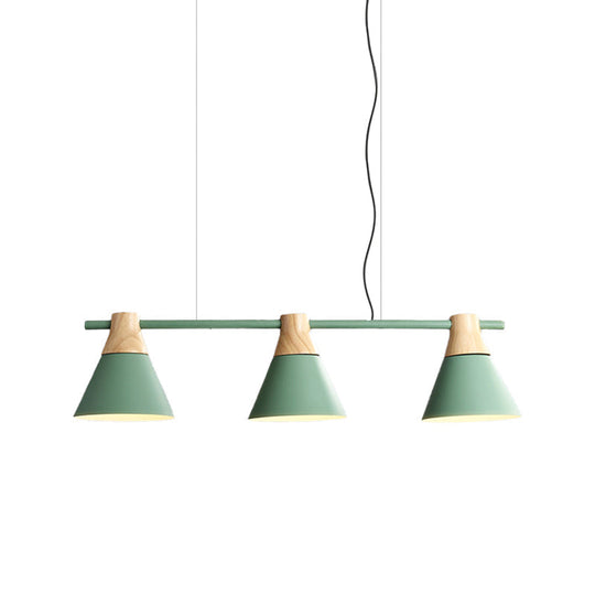 Modern Cone Dining Room Suspension Light With Linear Design - 3 Bulbs Pendant In Yellow/Blue/Green