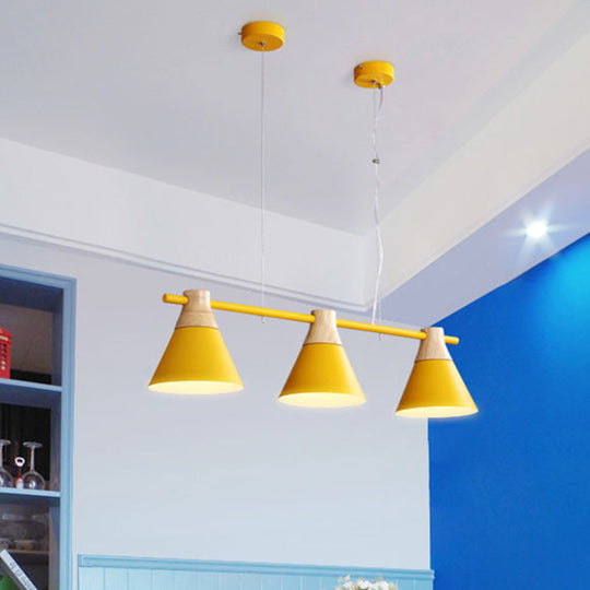 Modern Cone Dining Room Suspension Light With Linear Design - 3 Bulbs Pendant In Yellow/Blue/Green