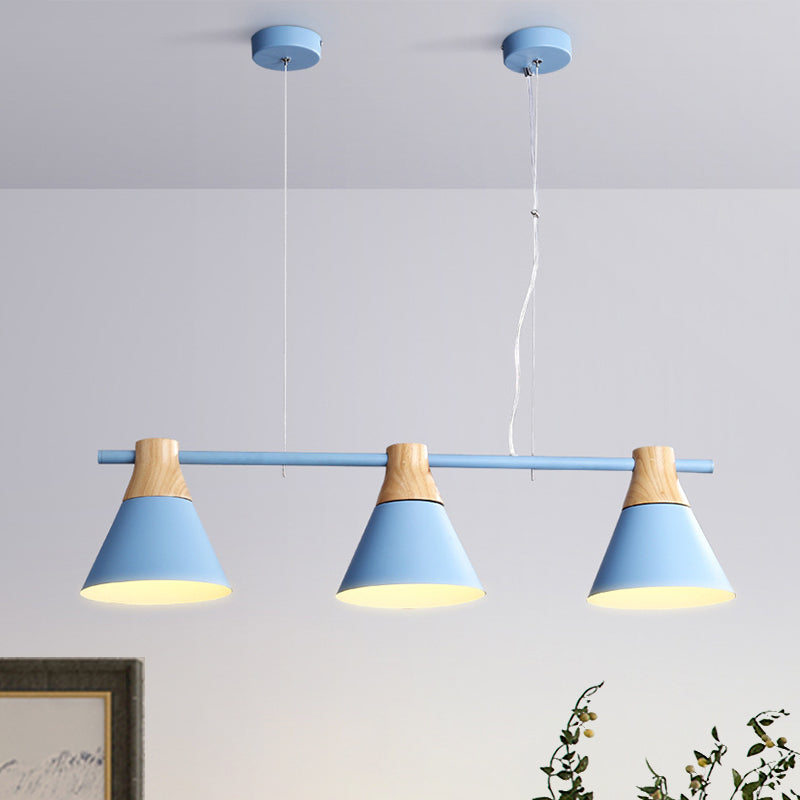 Modern Cone Dining Room Suspension Light With Linear Design - 3 Bulbs Pendant In Yellow/Blue/Green