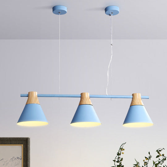 Modern Cone Dining Room Suspension Light With Linear Design - 3 Bulbs Pendant In Yellow/Blue/Green