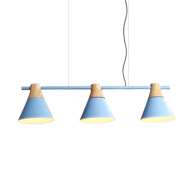Modern Cone Dining Room Suspension Light With Linear Design - 3 Bulbs Pendant In Yellow/Blue/Green