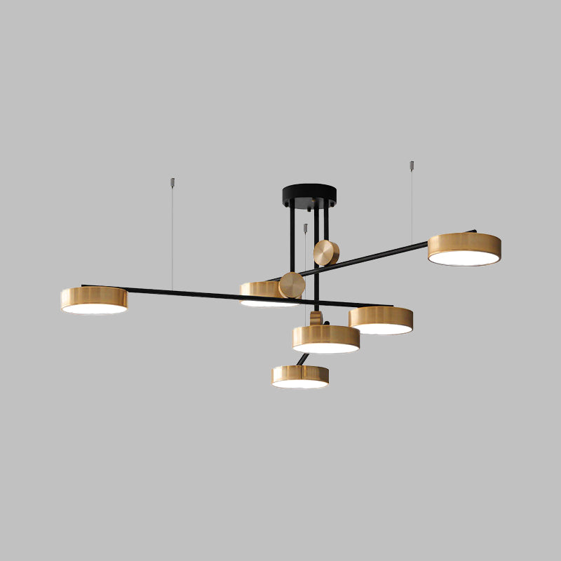 Black And Gold Modernist Multi-Lamp Pendant With Small Drum Shades