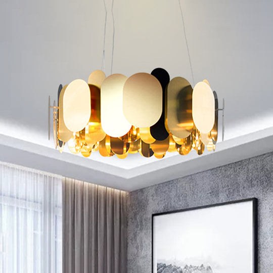 Modern Metal LED Oval Panel Pendant Light for Living Room Ceiling in Brass, White/Warm Light
