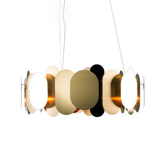 Modern Metal LED Oval Panel Pendant Light for Living Room Ceiling in Brass, White/Warm Light