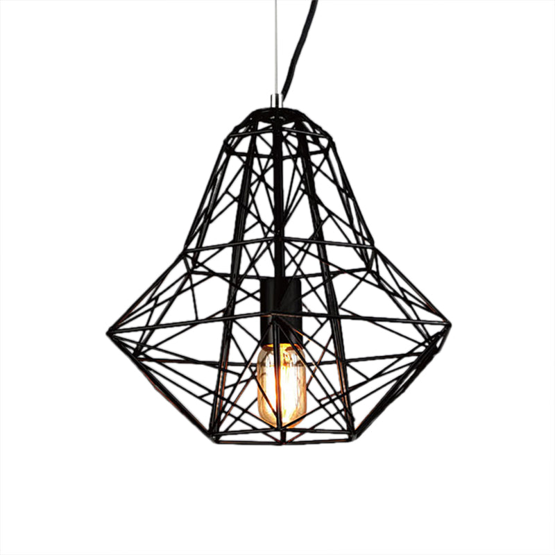 Metallic Industrial Cage Diamond Pendant Lighting - Black/White, 1 Head, for Dining Room - 16"/19.5" Dia