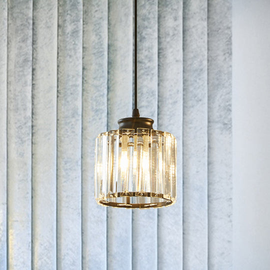 Modern Black Drum Pendant Light with Clear Crystal 1 Head - Stylish Ceiling Hanging Fixture for Living Room