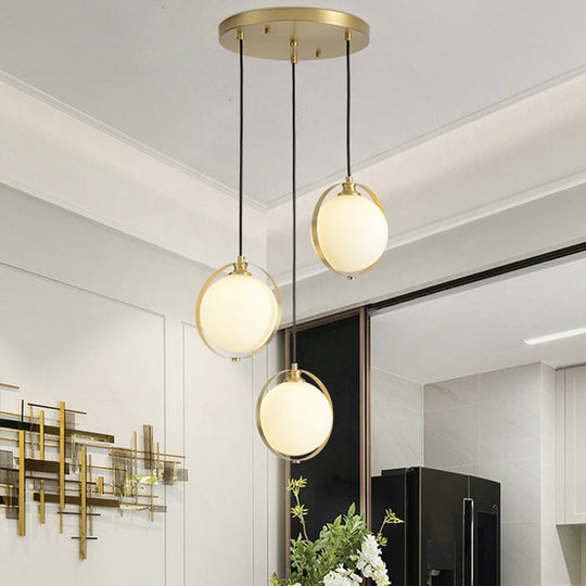 Modern Opal Glass Cluster Pendant Light with 3 Gold Heads & Canopy