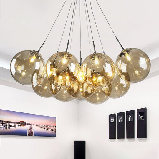 Modern 10-Light Chrome LED Ceiling Lamp for Living Room with Amber Glass Shades