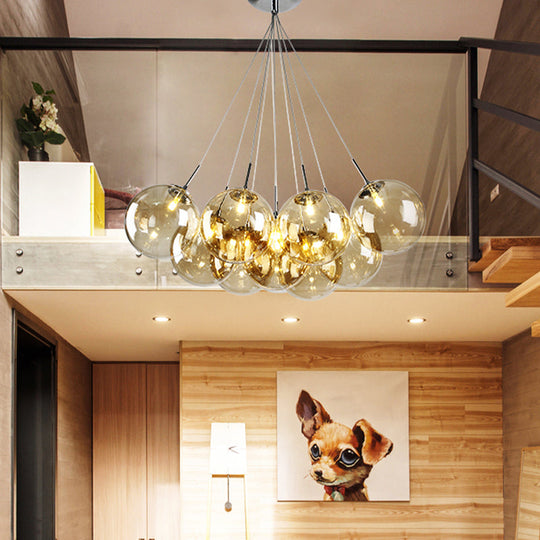 Modern 10-Light Chrome LED Ceiling Lamp for Living Room with Amber Glass Shades