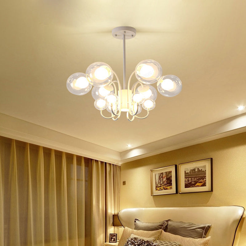 Suspension contemporaine en verre transparent à 12 ampoules : Lustre à bulles blanches