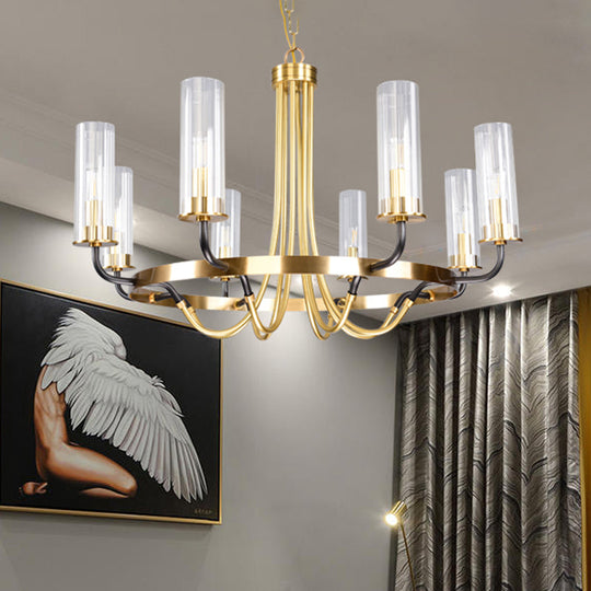 Minimalist Gold Chandelier Pendant Lamp - Tube Clear Glass 8 Bulbs Ring Design