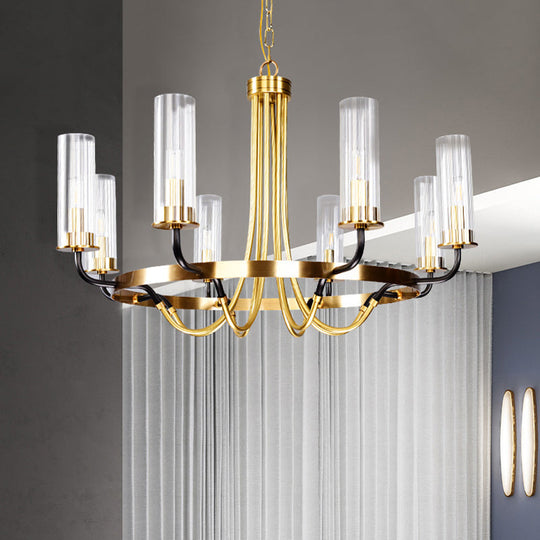 Minimalist Gold Chandelier Pendant Lamp - Tube Clear Glass 8 Bulbs Ring Design