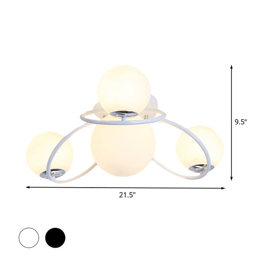 Modern White/Black Flush Mount Ceiling Light with Round Milk Glass Shade - 4-Bulb Bedroom Lighting