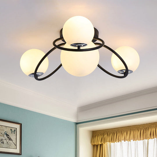 Modern White/Black Flush Mount Ceiling Light with Round Milk Glass Shade - 4-Bulb Bedroom Lighting