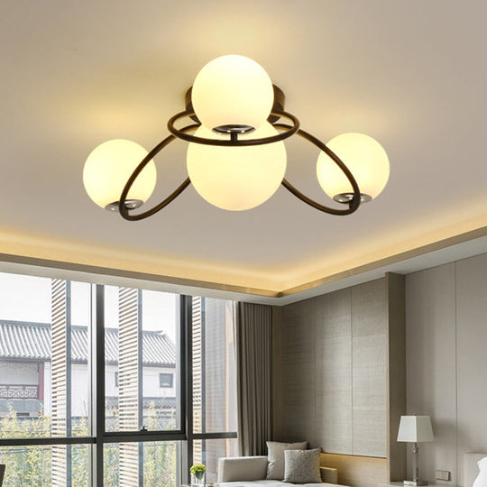 Modern White/Black Flush Mount Ceiling Light with Round Milk Glass Shade - 4-Bulb Bedroom Lighting