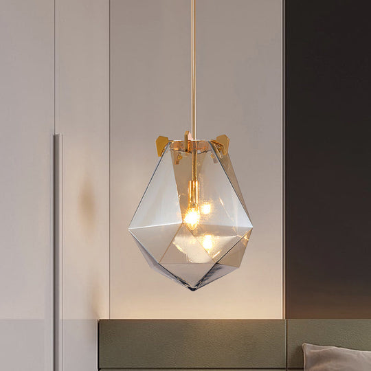 Modern 1 Light Bedroom Pendant Lamp - Smoke Gray/Cognac Geometric Glass Shade 10/14 Wide