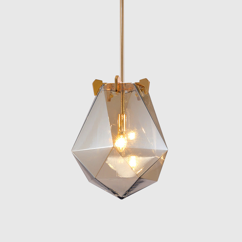 Modern Smoke Gray/Cognac Pendant Lamp with Geometric Glass Shade for Bedroom, 10"/14" Wide