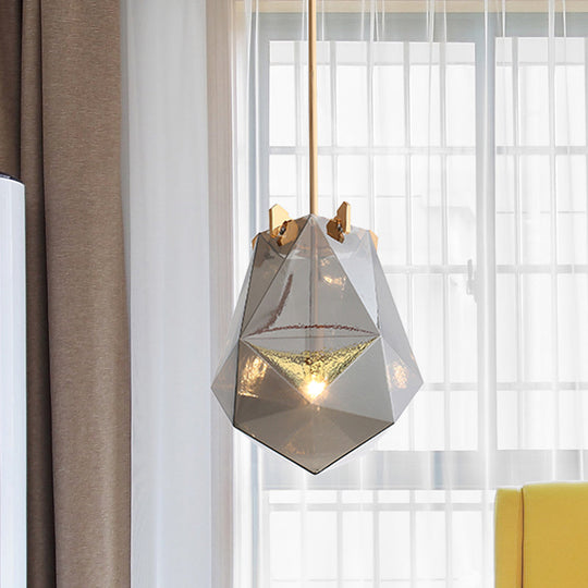 Modern Smoke Gray/Cognac Pendant Lamp with Geometric Glass Shade for Bedroom, 10"/14" Wide
