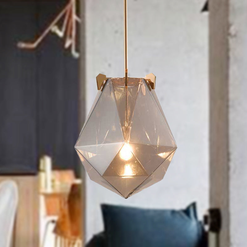 Modern Smoke Gray/Cognac Pendant Lamp with Geometric Glass Shade for Bedroom, 10"/14" Wide