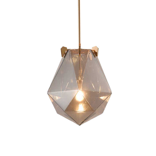 Modern 1 Light Bedroom Pendant Lamp - Smoke Gray/Cognac Geometric Glass Shade 10/14 Wide