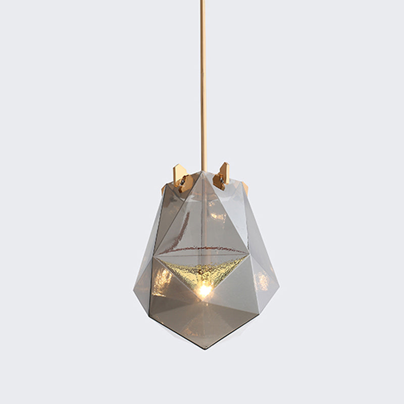 Modern 1 Light Bedroom Pendant Lamp - Smoke Gray/Cognac Geometric Glass Shade 10/14 Wide