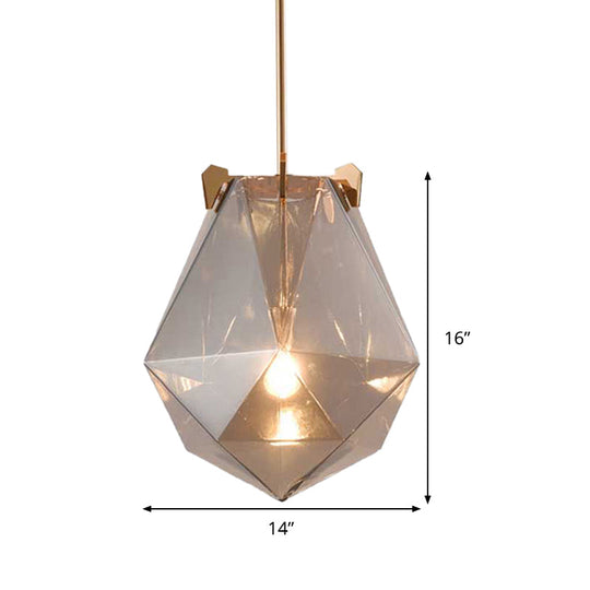 Modern Smoke Gray/Cognac Pendant Lamp with Geometric Glass Shade for Bedroom, 10"/14" Wide