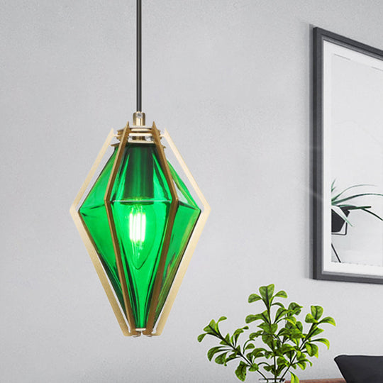 Modern Diamond Office Pendant Light, Green/White Glass, 5"/6.5"/10" Wide, 1-Light, Hanging Ceiling Fixture