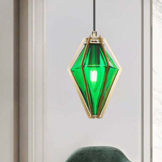 Modern Diamond Office Pendant Light, Green/White Glass, 5"/6.5"/10" Wide, 1-Light, Hanging Ceiling Fixture