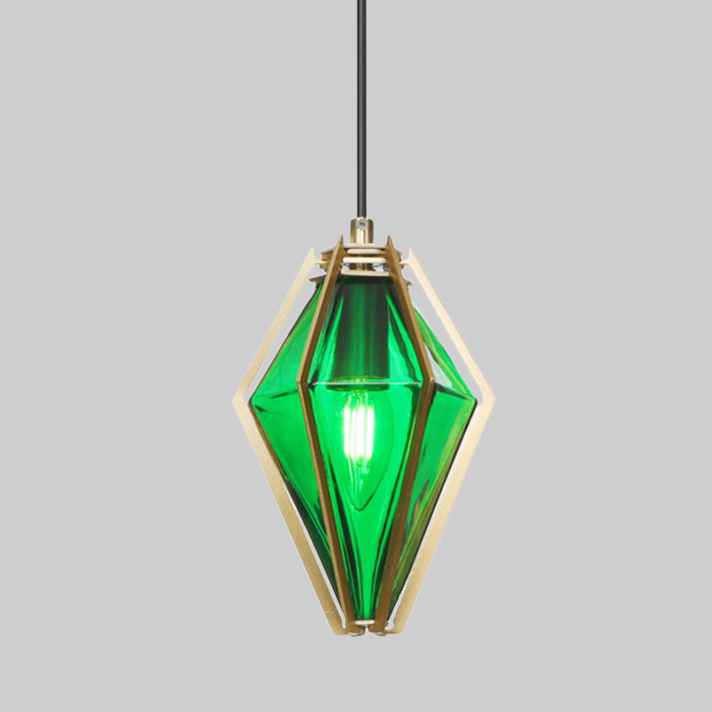 Modern Diamond Office Pendant Light, Green/White Glass, 5"/6.5"/10" Wide, 1-Light, Hanging Ceiling Fixture