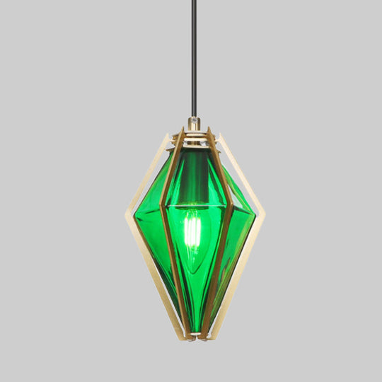 Modern Diamond Office Pendant Light, Green/White Glass, 5"/6.5"/10" Wide, 1-Light, Hanging Ceiling Fixture