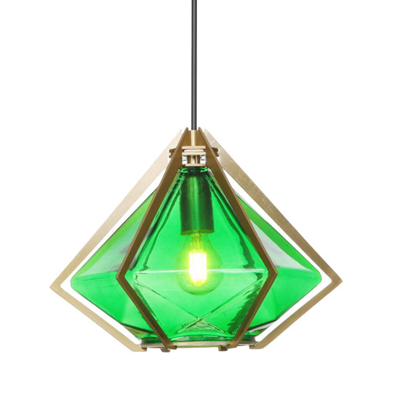 Modern Diamond Office Pendant Light, Green/White Glass, 5"/6.5"/10" Wide, 1-Light, Hanging Ceiling Fixture