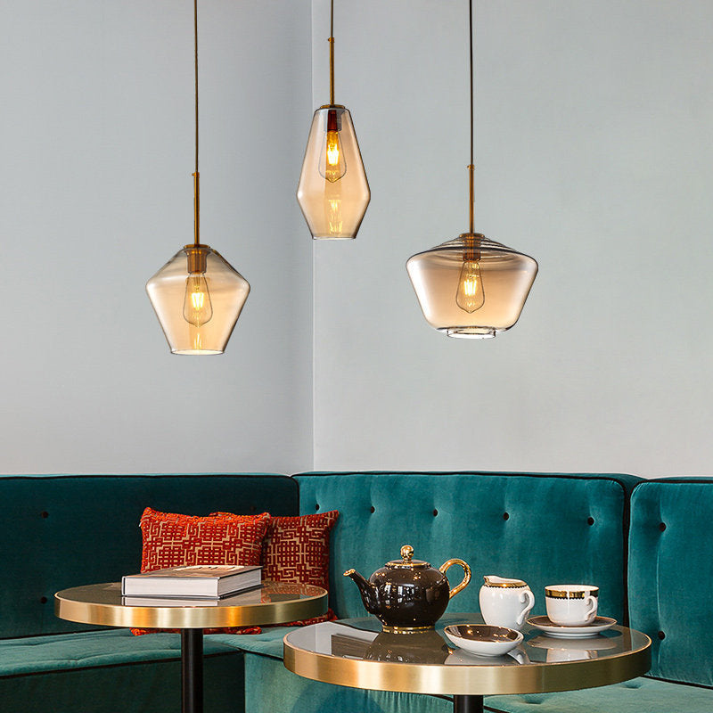 Modern Amber Pendant Lamp for Dining Room with Glass Shade – Triangle/Drum/Cone, 6.5"/9"/12" Wide
